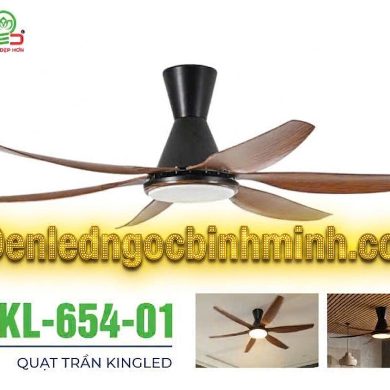 Quạt trần Kingled mã 654-01, động cơ DC đồng, 6 cánh nhựa ABS, đèn led 3 màu, điều khiển từ xa