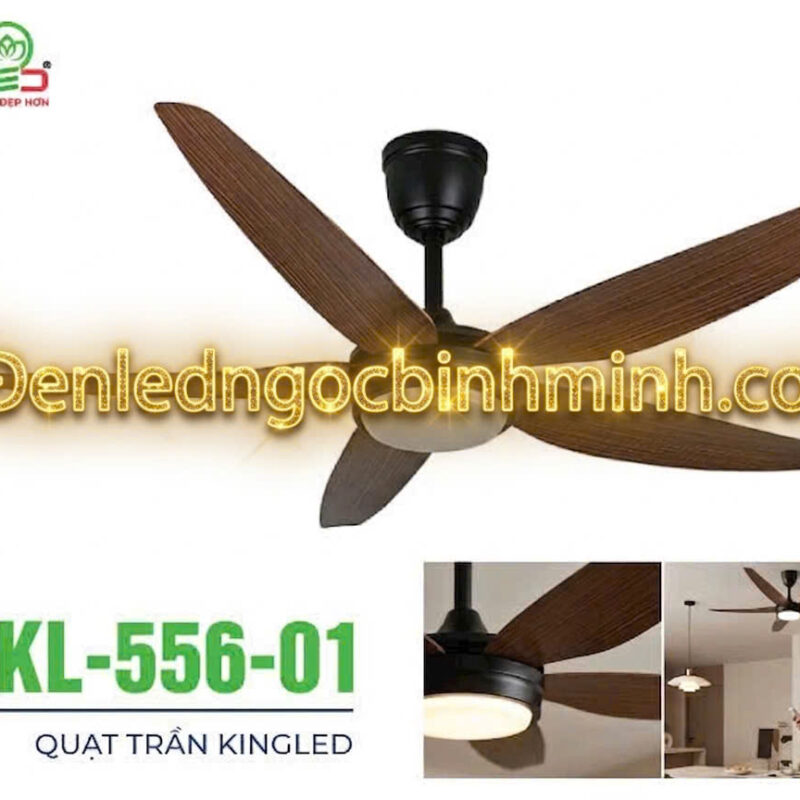Quạt trần Kingled mã 556-01, động cơ DC đồng, 5 cánh nhựa ABS, đèn led 3 màu, điều khiển từ xa